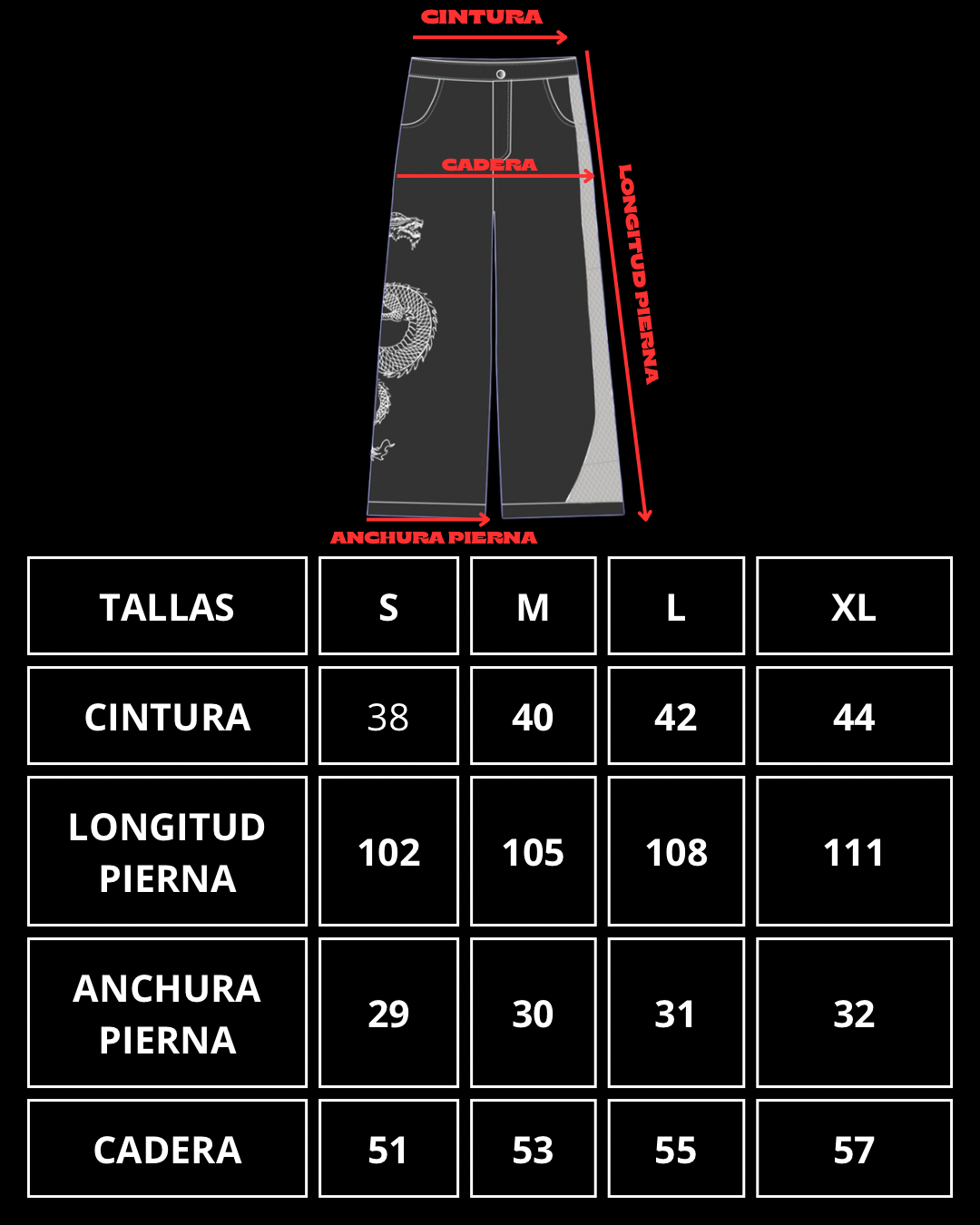 Guía de tallas del pantalón TDB Pants, medidas en centímetros